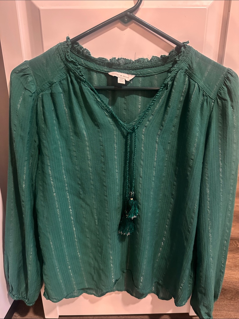 Lucky Brand Teal V-Neck Tassel Blouse